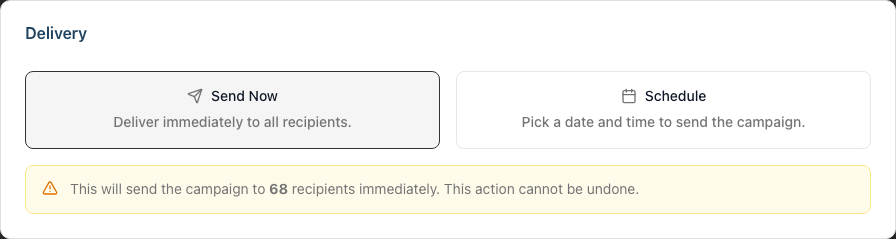 The Delivery card on the Send page, with the Send Now and Schedule options shown as selectable cards