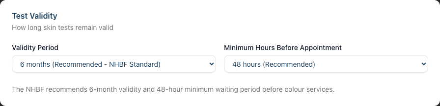 The Test Validity card on the Skin Tests General Settings sub-tab, showing the validity-period and minimum-hours dropdowns