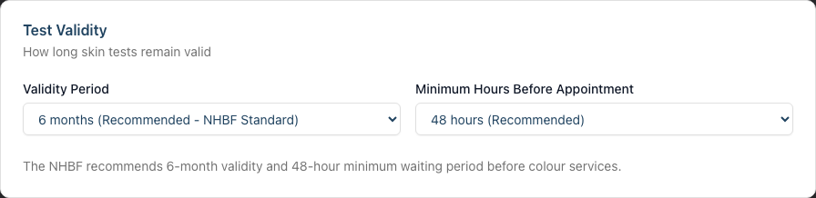 The Test Validity card on the Skin Tests General Settings sub-tab, showing the validity-period and minimum-hours dropdowns
