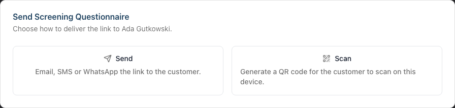The Send / Scan mode picker on Step 2, with the Send and Scan radio panels