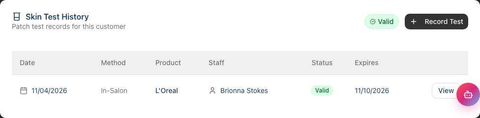 A customer profile's Skin Tests tab, showing the Skin Test History card
