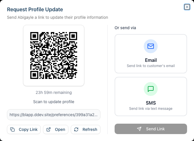 The Request Profile Update dialog showing a QR code alongside the Email and SMS sending options