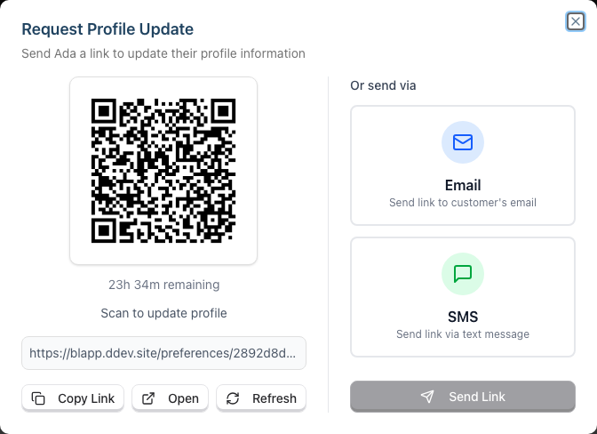 The Request Profile Update dialog showing a QR code alongside the Email and SMS sending options