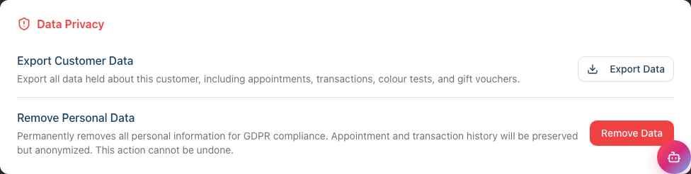 The Data Privacy card on a customer's Details tab, with the Export Data and Remove Data actions