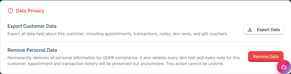 The Data Privacy card on a customer's Details tab, with the Export Data and Remove Data actions