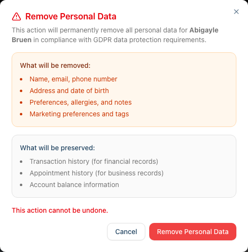 The Remove Personal Data confirmation dialog warning that the action permanently anonymises the customer and cannot be undone