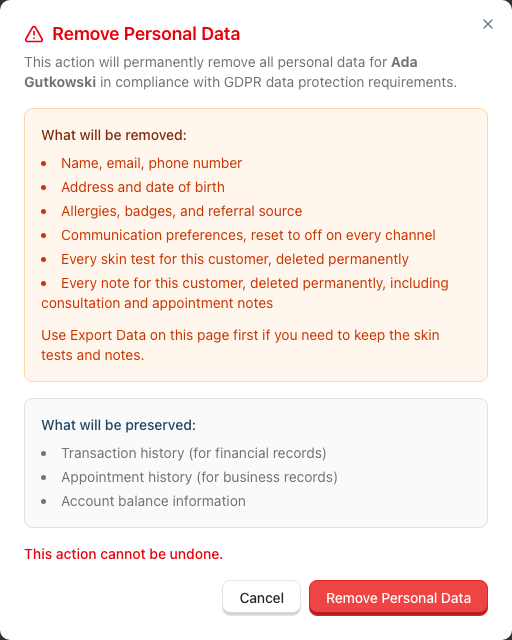 The Remove Personal Data confirmation dialog warning that the action permanently anonymises the customer and cannot be undone