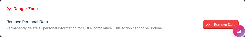 The Danger Zone card at the bottom of a staff member's profile, with the Remove Data action