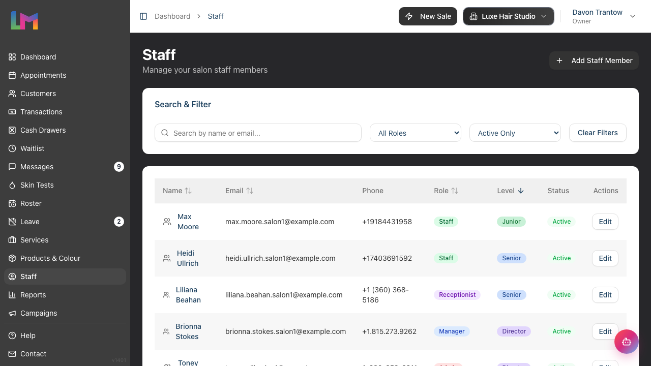 Staff list with the status filter dropdown showing Active Only, All Staff, and Inactive Only