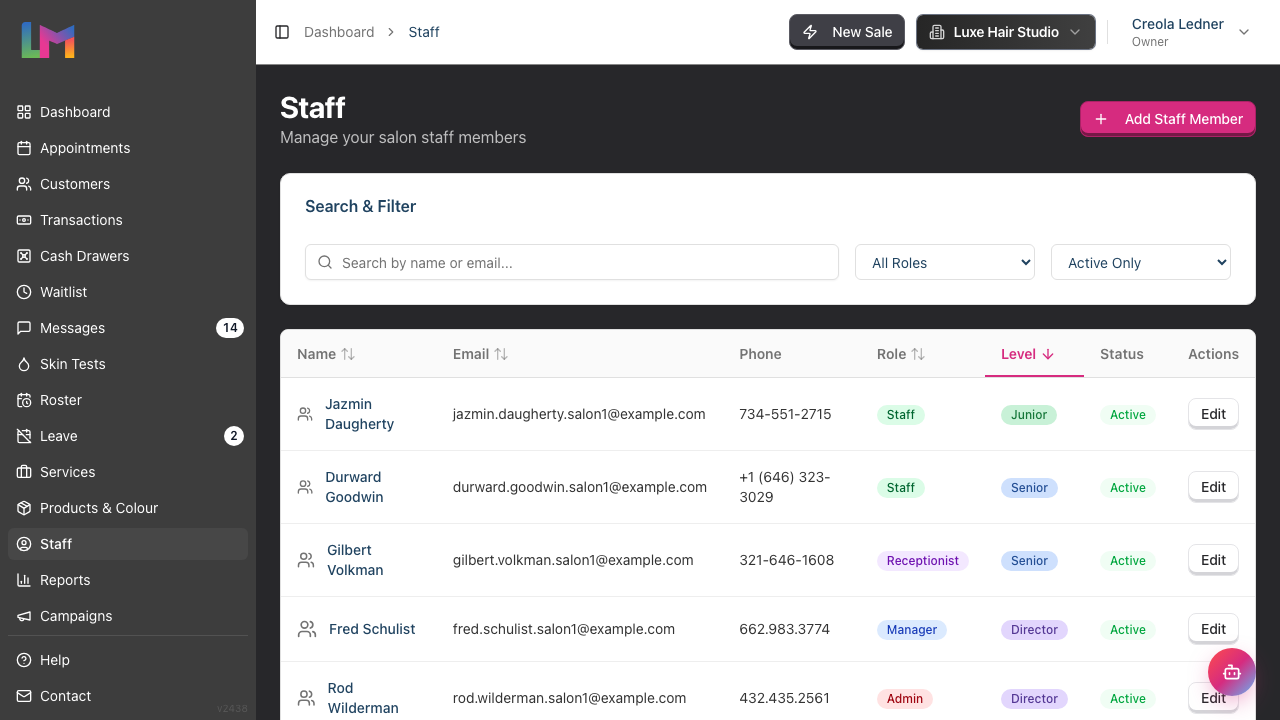 Staff list with the status filter dropdown showing Active Only, All Staff, and Inactive Only