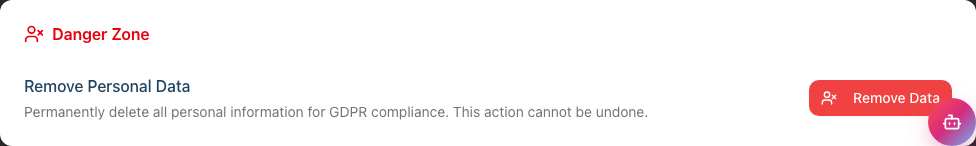 Danger Zone card at the bottom of a staff member's profile, with the Remove Data action