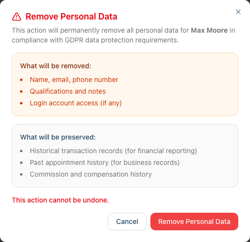 Remove Personal Data confirmation dialog for a staff member, listing what will be removed and preserved