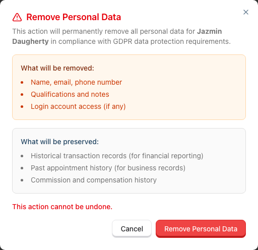 Remove Personal Data confirmation dialog for a staff member, listing what will be removed and preserved