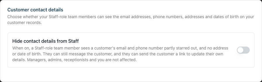 The Privacy sub-tab of the Data settings, with the Hide contact details from Staff switch