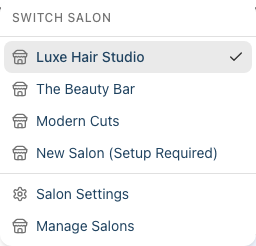 The salon switcher dropdown open in the header, showing the Switch Salon list with a tick on the current salon, plus Salon Settings and Manage Salons