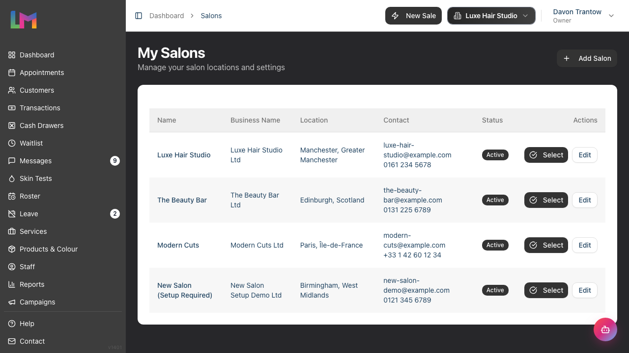 The My Salons page listing each salon location with its name, business name, location, contact details, status badge, and Select and Edit actions