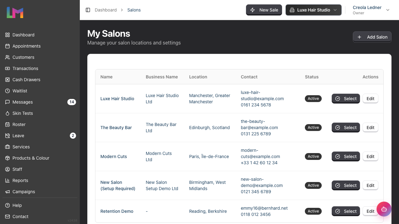 The My Salons page listing each salon location with its name, business name, location, contact details, status badge, and Select and Edit actions