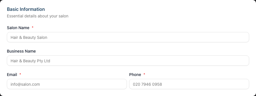 The Basic Information section of the new salon form with fields for salon name, business name, email, and phone