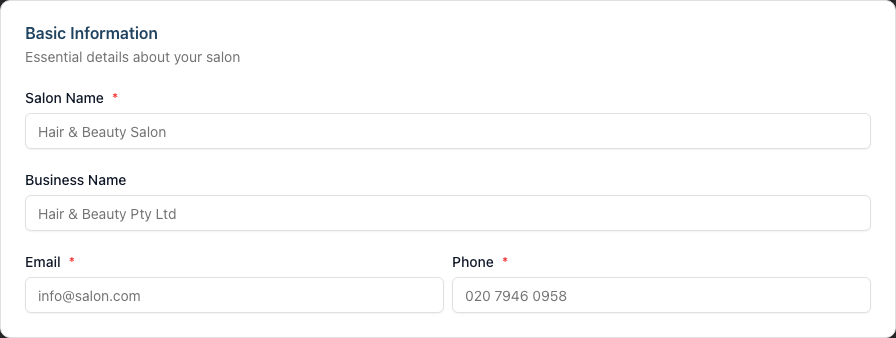 The Basic Information section of the new salon form with fields for salon name, business name, email, and phone