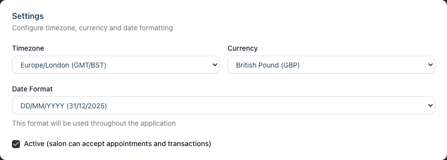 The Settings section of the new salon form with timezone, currency, date format dropdowns and the Active checkbox