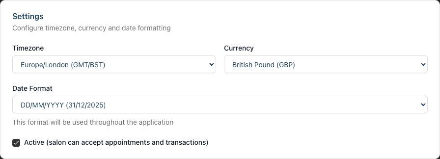 The Settings section of the new salon form with timezone, currency, date format dropdowns and the Active checkbox