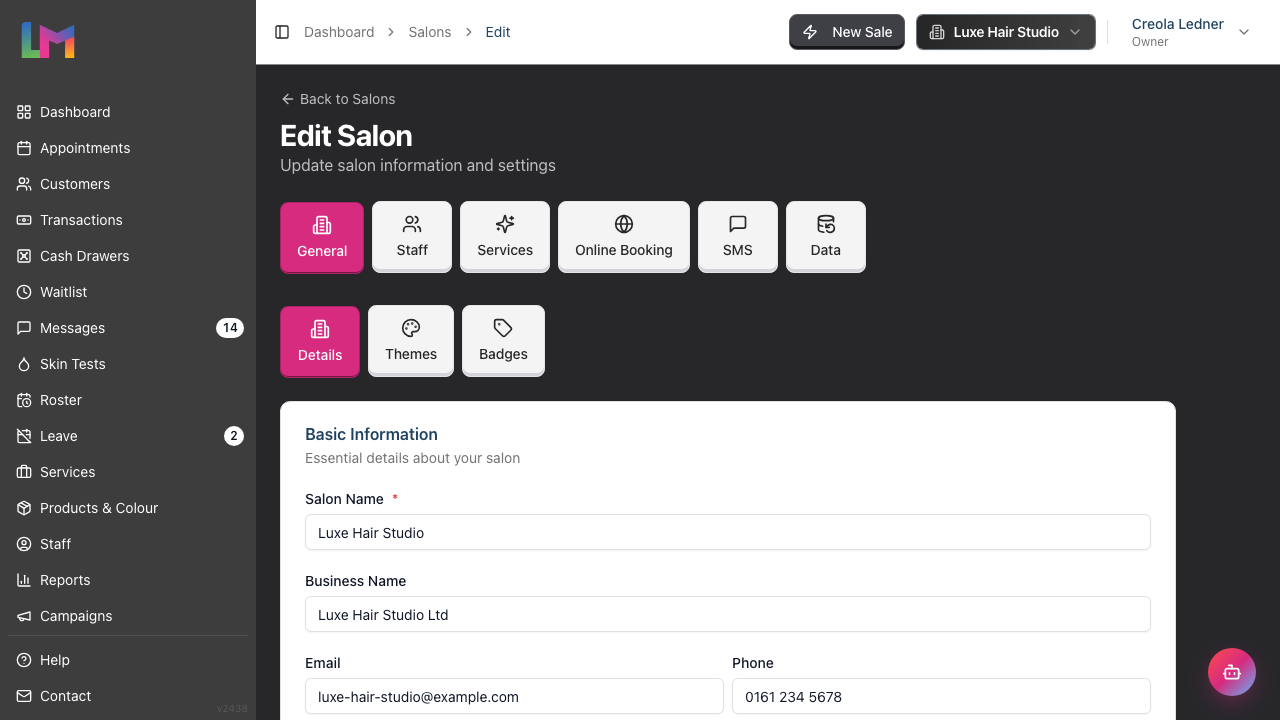 The salon settings page showing the top-level tabs: General, Staff, Services, Online Booking, SMS, and Data