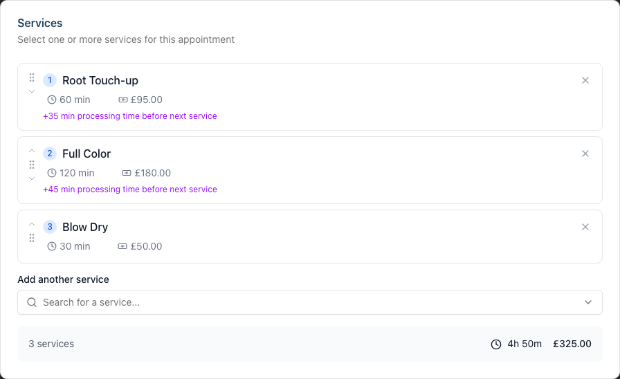 The Services card on the New Appointment form with three services stacked in order, each showing its duration, price and processing time, above the 