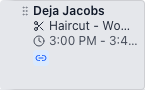 A linked appointment card on the calendar, showing the customer name, service, time, and the small blue chain-link icon that marks it as part of a booking group