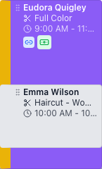 A linked appointment card on the calendar, showing the customer name, service, time, and the small blue chain-link icon that marks it as part of a booking group