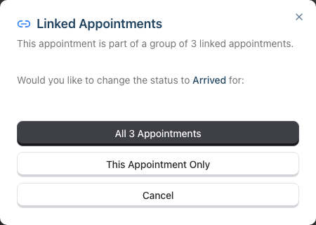 The Linked Appointments dialog, asking whether to change the status for all appointments in the booking group or just this one