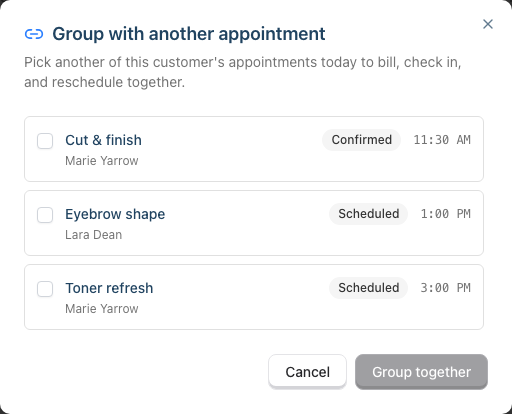 The Group with another appointment dialog, listing the customer's other appointments that day with their stylists, ready to be ticked and grouped