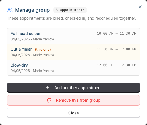 The Manage group dialog, listing every appointment in the booking group with the Add another appointment and Remove this from group actions
