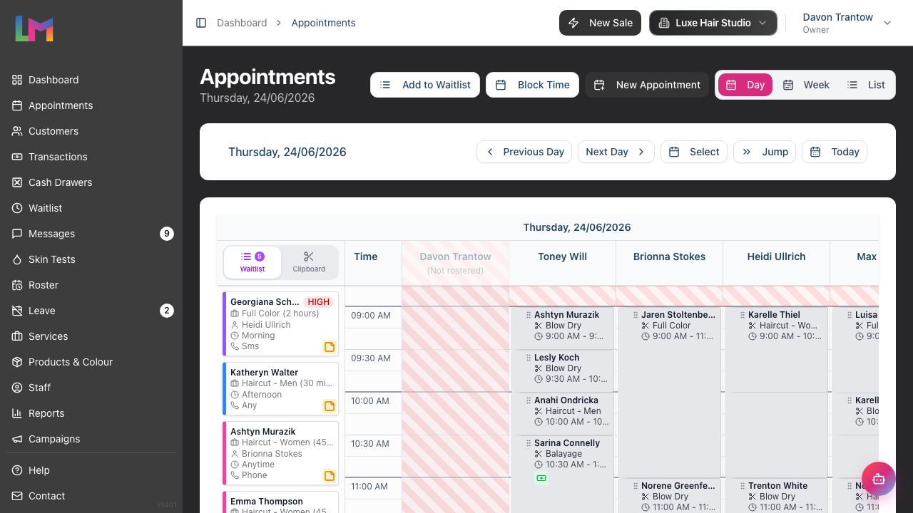 The appointments Day view showing the Day/Week/List buttons, the staff columns, and the waitlist panel