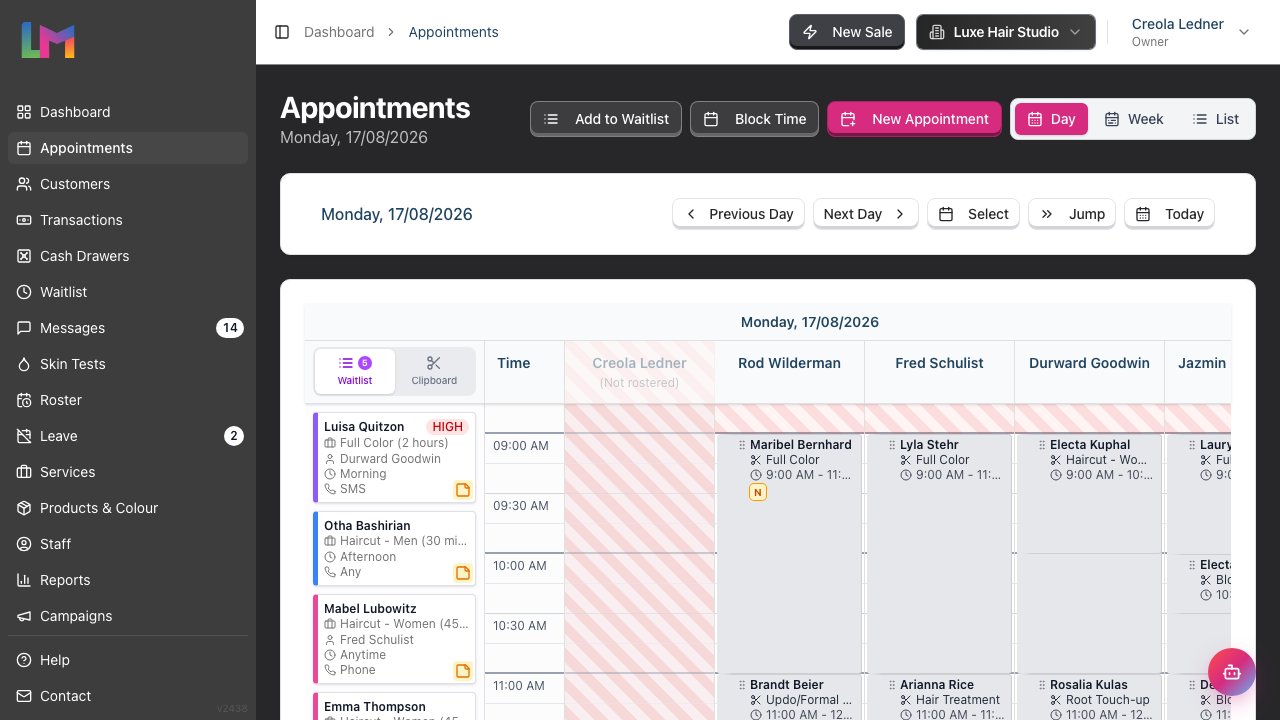 The appointments Day view showing the Day/Week/List buttons, the staff columns, and the waitlist panel