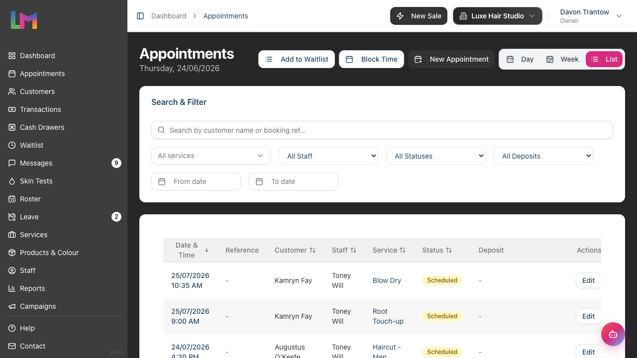 The appointments List view with the filter row at the top and a paginated table of appointments below