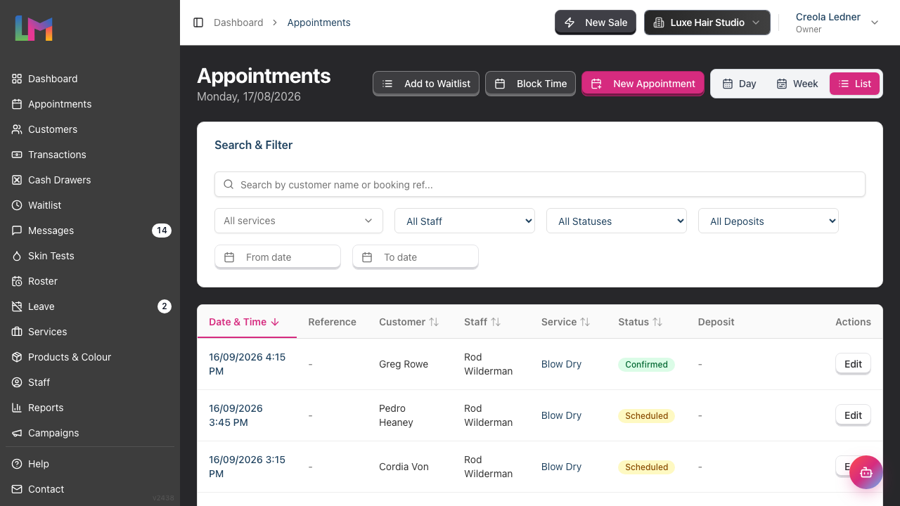 The appointments List view with the filter row at the top and a paginated table of appointments below