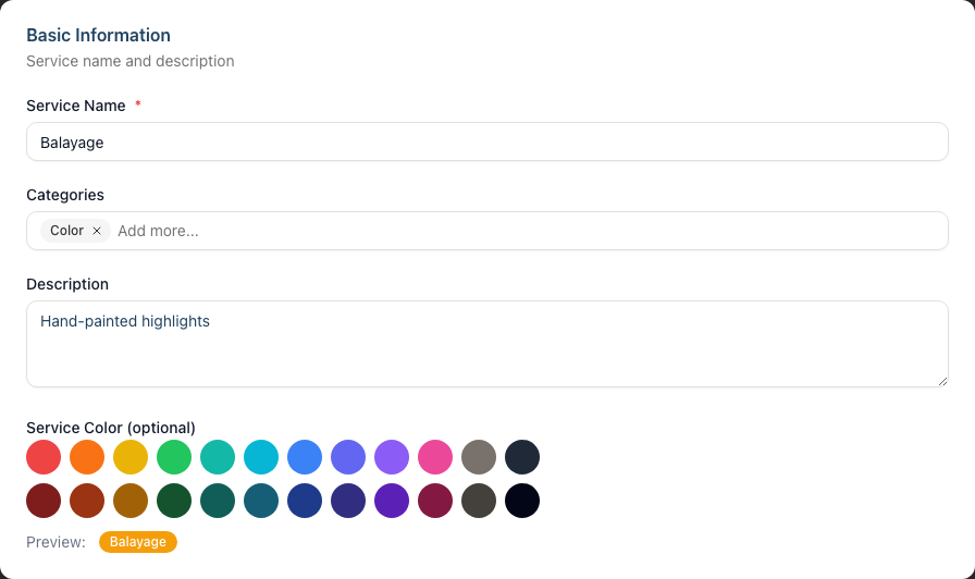 The service edit form's Basic Information card, showing the Service Color picker field