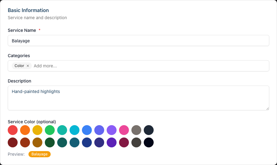 The service edit form's Basic Information card, showing the Service Color picker field