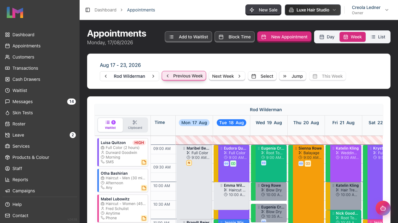 The appointments Week view showing the staff selector with Previous/Next staff arrows, week navigation, and the day-by-day schedule