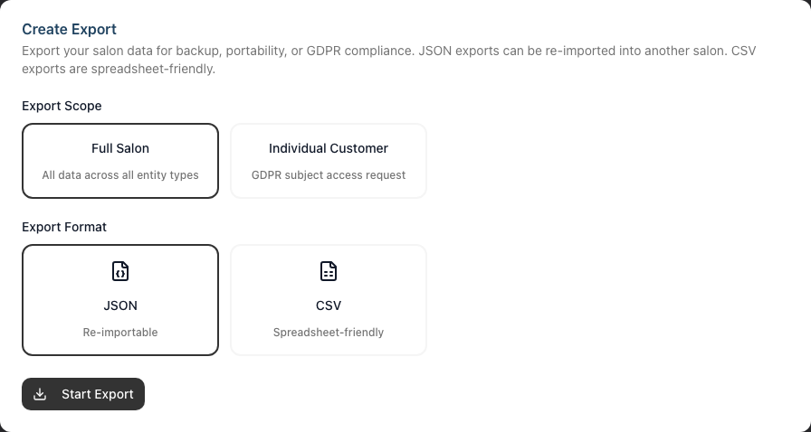 The Create Export card on the Data settings tab, showing the Export Scope, Export Format and Start Export controls