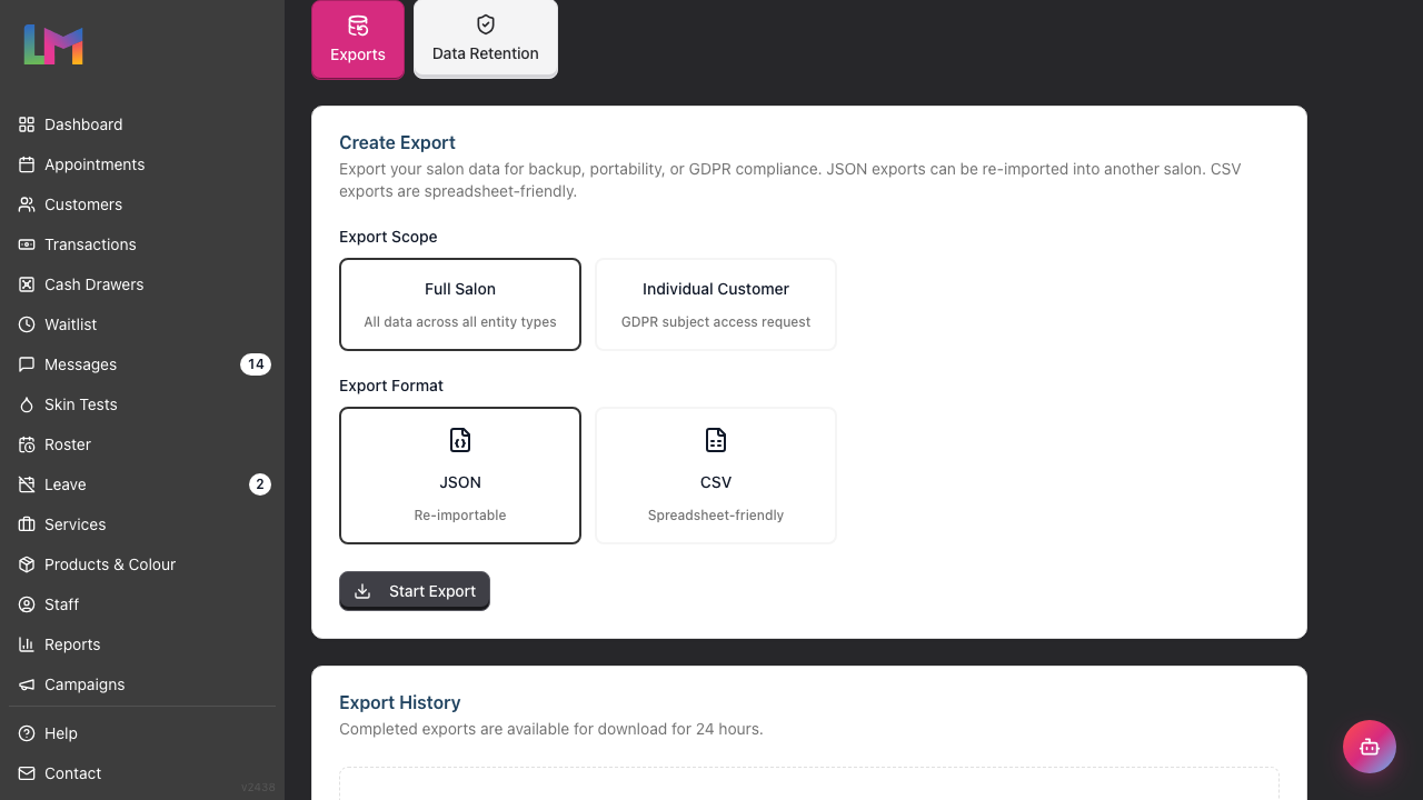 The Data tab in Salon Settings, showing its Exports and Data Retention sub-tabs with the Create Export card below