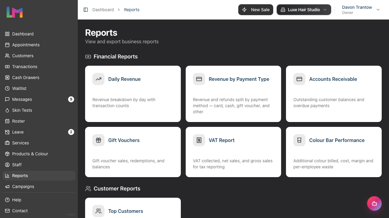 The Reports landing page with its grouped categories of available reports