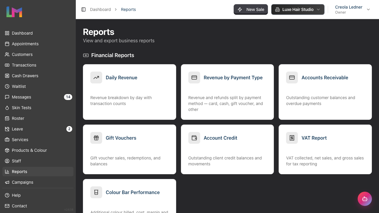 The Reports landing page with its grouped categories of available reports