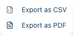 The Export menu open on the Daily Revenue report, showing the Export as CSV and Export as PDF options