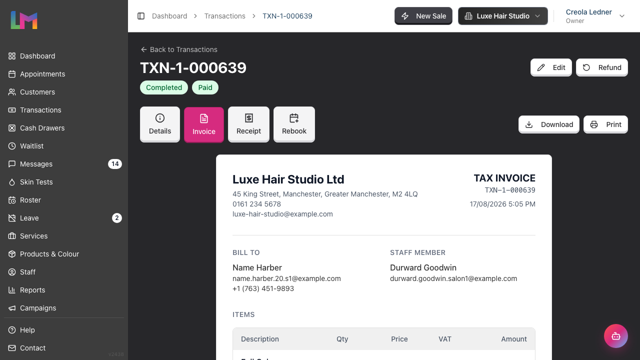 A transaction's Invoice tab, with the Download and Print buttons in the top-right