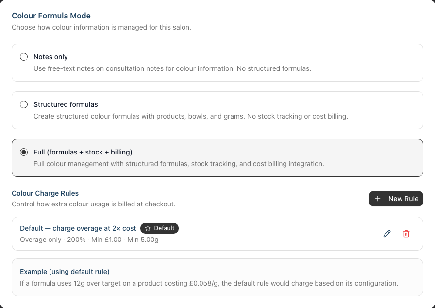 The Colour Formula Mode selector on the salon's Colour settings tab, with Notes, Formulas and Full options