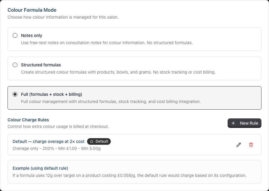 The Colour Formula Mode selector on the salon's Colour settings tab, with Notes only, Structured formulas and Full options