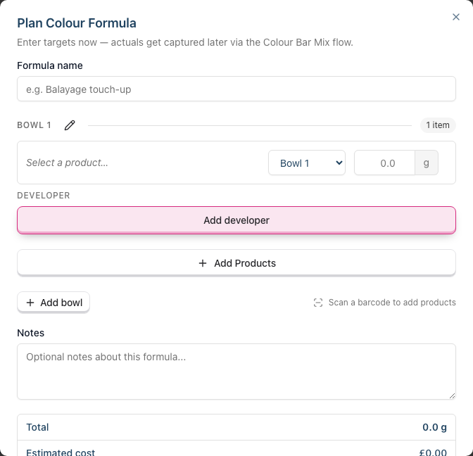 The Plan Colour Formula dialog showing a bowl with its product rows, the Add developer line, Add Products button and Save plan action
