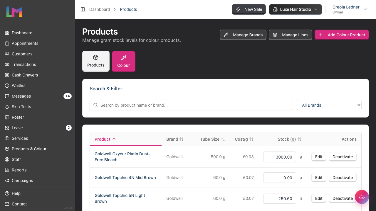 The Colour stock-take tab listing colour products with editable gram balances and a brand filter