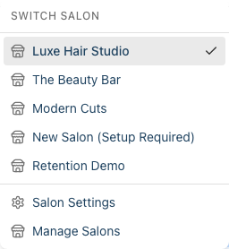 The salon switcher dropdown in the header, showing the Salon Settings and Manage Salons options